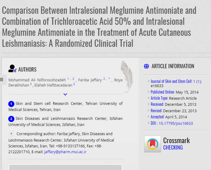 Comparison Between Intralesional Meglumine Antimoniate and Combination of Trichloroacetic Acid 50% and Intralesional Meglumine Antimoniate in the Treatment of Acute Cutaneous Leishmaniasis: A Randomized Clinical Trial