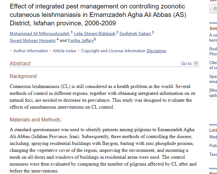 Effect of integrated pest management on controlling zoonotic cutaneous leishmaniasis in Emamzadeh Agha Ali Abbas (AS) District, Isfahan province, 2006-2009
