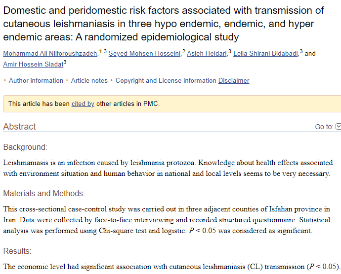 Domestic and peridomestic risk factors associated with transmission of cutaneous leishmaniasis in three hypo endemic, endemic, and hyper endemic areas: A randomized epidemiological study
