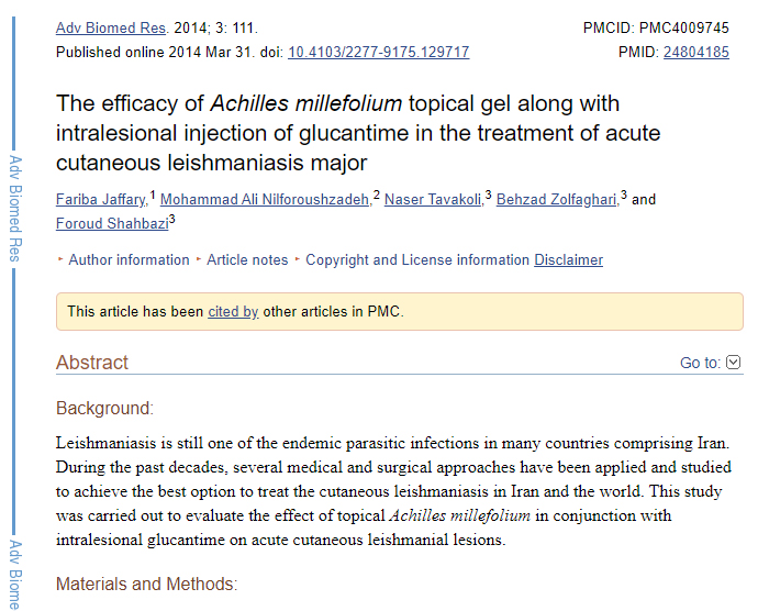 The efficacy of Achilles millefolium topical gel along with intralesional injection of glucantime in the treatment of acute cutaneous leishmaniasis major