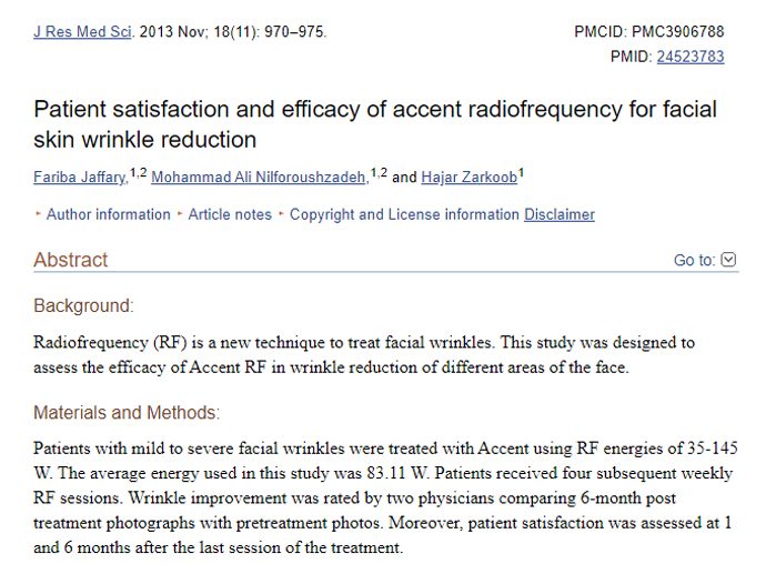 Patient satisfaction and efficacy of accent radiofrequency for facial skin wrinkle reduction