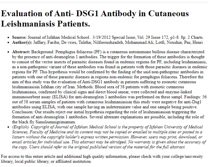 Evaluation of Anti- DSG1 Antibody in Cutaneous Leishmaniasis Patients