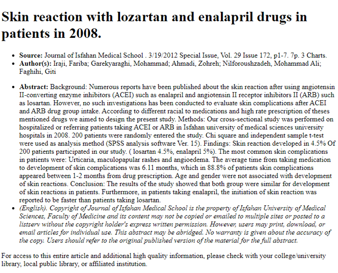 Skin reaction with lozartan and enalapril drugs in patients in 2008