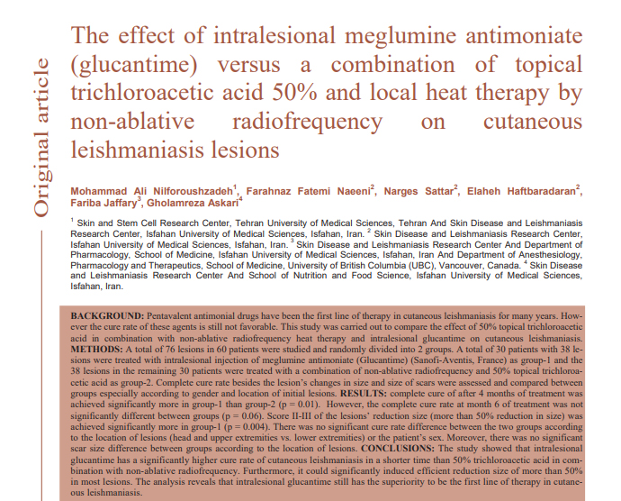The effect of intralesional meglumine antimoniate (glucantime) versus a combination of topical trichloroacetic acid 50% and local heat therapy by non-ablative radiofrequency on cutaneous leishmaniasis lesions