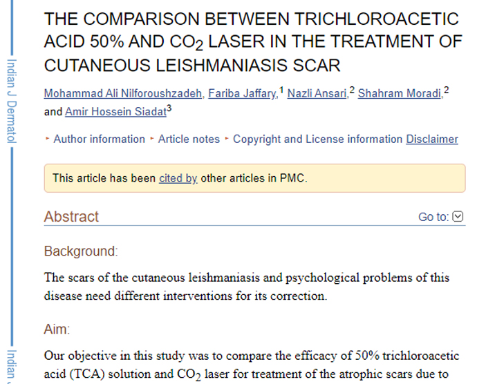 The comparison between trichloroacetic acid 50% and co2 laser in the treatment of cutaneous leishmaniasis scar