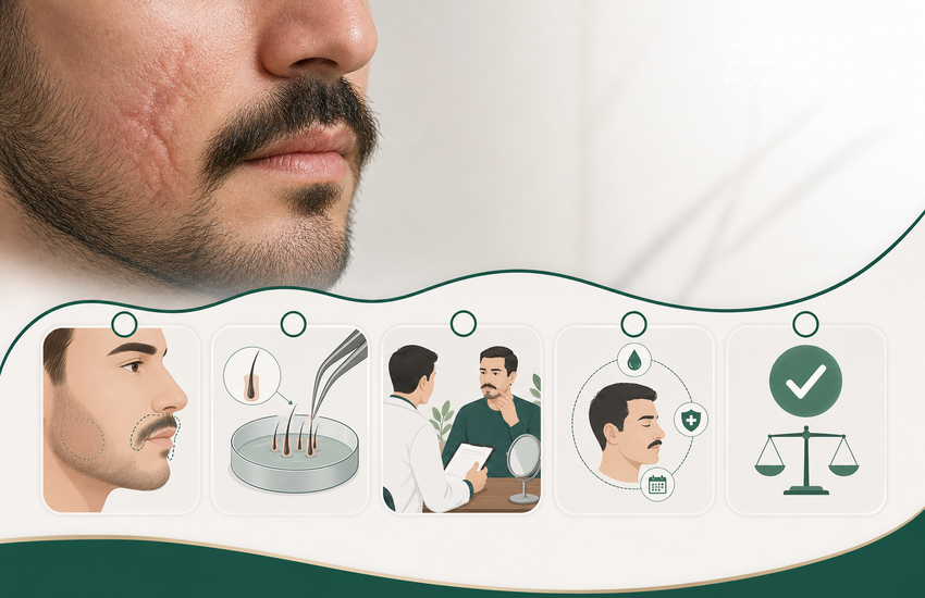 اینفوگرافی کاشت سبیل در نواحی کمپشت یا دچار سوختگی؛ محدودیتها و نکات مهم قبل از تصمیمگیری